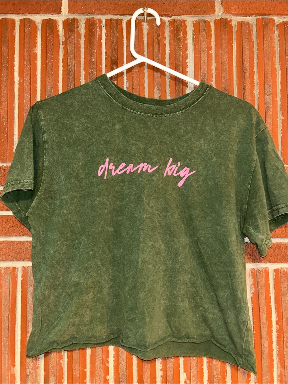 Dream Big Green Crop Tee with Pink Script